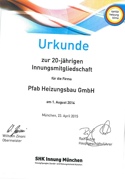 SHK Innung München Urkunde Pfab