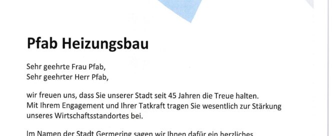 Pfab Urkunde der Stadt Germering zum Geburtstag.